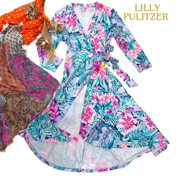 Lilly Pulitzer Blue Pink Floral Wrap Dress Sz Xs - Picture 1 of 11